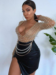 Vero Sinly Beach Fashion Sexy V Neck Mesh Beading Pearl Khaki Women Bodysuit 2022 Celebrity Designer Fashion Beachwear Bodysuit