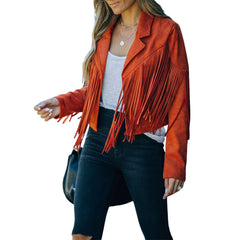Women Y2k Fringed Hem Tassel Cardigan Crop Tops E-girl Motor Biker Jacket Suede Leather Jacket 90s Vintage Streetwear Coat Cool