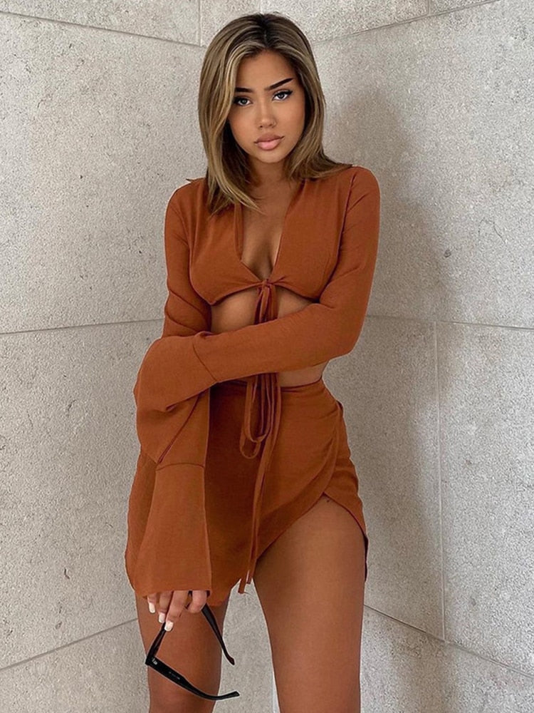 Cryptographic Brown Sexy Tie Front Top and Skirt Sets Women Fashion Outfits Fall Matching Set Split Skirt Club Party Clothes