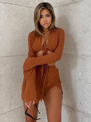 Cryptographic Brown Sexy Tie Front Top and Skirt Sets Women Fashion Outfits Fall Matching Set Split Skirt Club Party Clothes