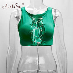 ArtSu Red Black White Metal Chain Sleeveless Crop Top Sexy Clubwear Women Adjustable Lace Up Hollow Out Tank Tops Tees Camisole