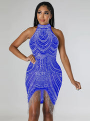 Sexy Glitter Rhinestone Crystal Tassel Hem Mini Dress