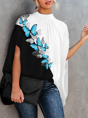 Casual Loose Women Blouse  Batwing Sleeve Print O-neck