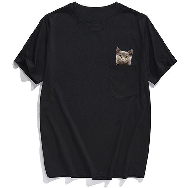 Animal T-Shirt Pocket Cat Stickers Printed T-shirt Tops Funny Cotton Tees