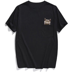 Animal T-Shirt Pocket Cat Stickers Printed T-shirt Tops Funny Cotton Tees