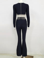 Women Winter Sexy Long Sleeve Black Tassel Crystal Sparkly Two Piece Bandage Set 2022 Celebrity Designer Fashion Women&#39;s Set