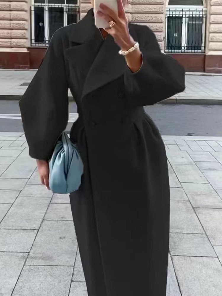 Autumn Women Woolen Coat Thick Lapel Lantern Sleeve Office Lady Long Jackets Double-Breasted New in Outerwears Female Coats