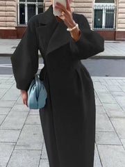 Autumn Women Woolen Coat Thick Lapel Lantern Sleeve Office Lady Long Jackets Double-Breasted New in Outerwears Female Coats