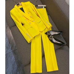 Office Ladies women&#39;s pantsuit Red Pink Business Classic Double-breasted Buttons Nine Blazer Pants Set Two Piece Formal Suits