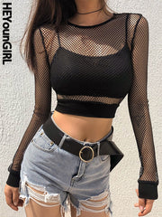 HEYounGIRL Sexy Mesh Crop Tops Tee Shirt Femme Hollow Out Black Tshirt Women See Trough Long Sleeve Streetwear Fishnet T Shirt