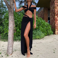 Black Slit Maxi Dress skirt Sets