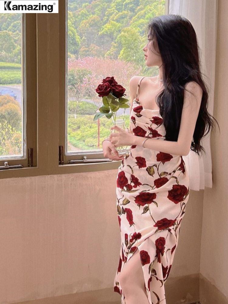 Summer Elegant Vintage Midi Spaghetti Strap Rose Dress For Women Maxi Fashion One Piece Bodycon Beach Party Robe Vestidos