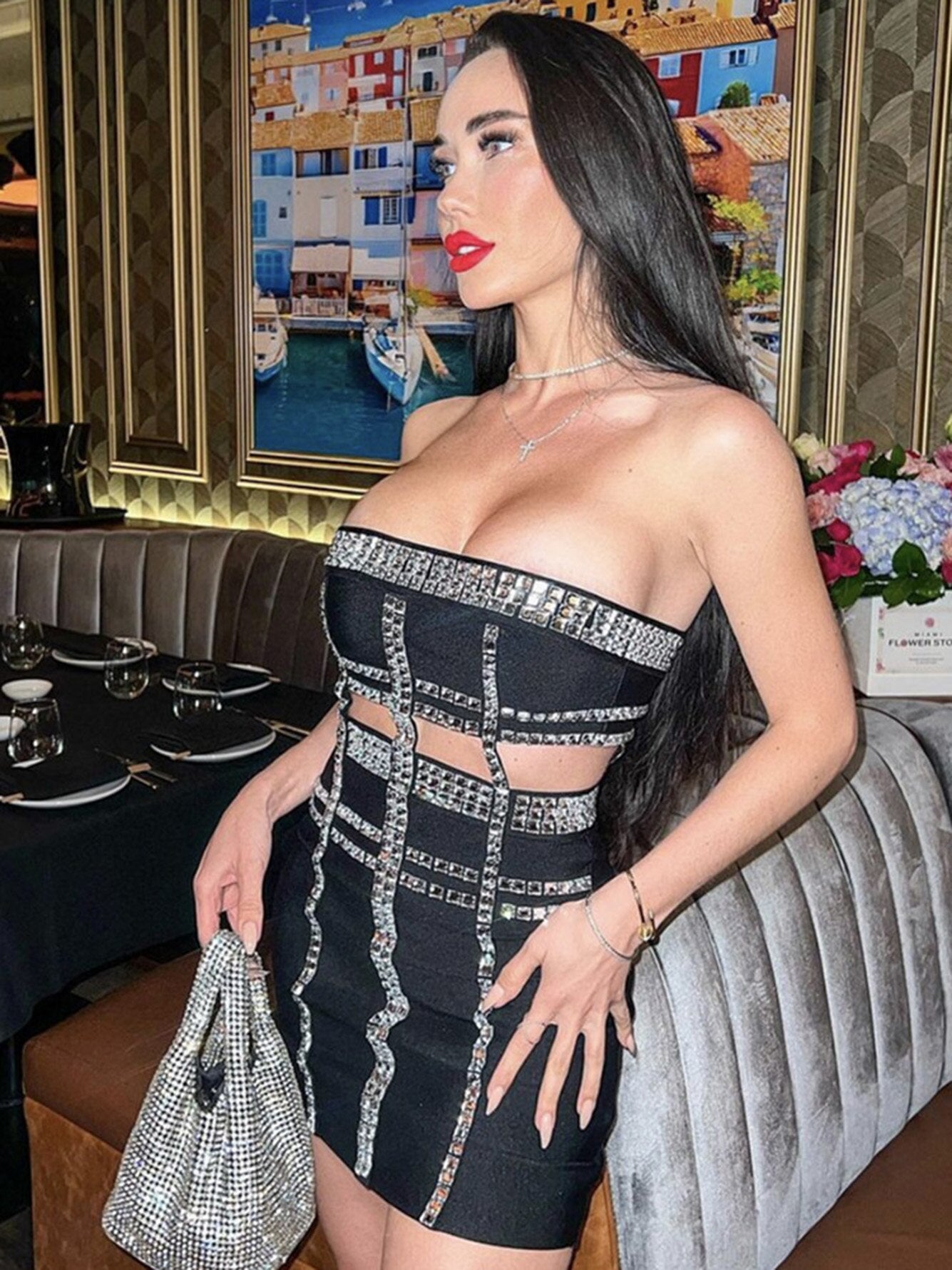 High Quality Elegant Black Crystal Bandage Dress For Women Sleeveless Tube Top Beaded Bodycon Sexy Mini Dresses Club Party Dress