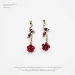 Vintage Red Rose Flower Necklace Bracelet Earring Jewelry Set Tassel Earring Clavicle Chain