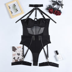 Yimunancy Mesh Bodysuit Women Gothic Backless Bandage Sexy Body Femme Halter Bandage Black Bodysuit Clubwear
