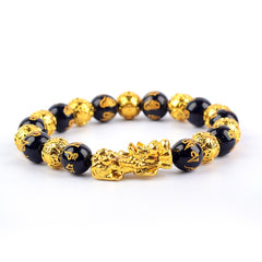 Unisex Stone Beads Bracelet Wristband Gold Color Six Character Proverbs Wealth and Good Luck