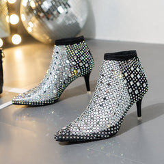 Fashion Crystal Transparent PVC Mesh Upper Ankle Boots for Women Pointed Toe High Heels Shoes Woman Zapatos De Mujer