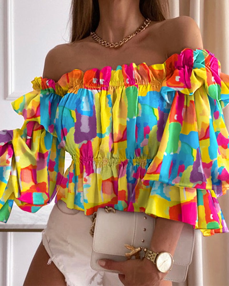 Summer Women Polka Dot Print Off Shoulder Shirred Top 2021 Elegant Femme Puff Sleeve Corset Blouse Lady Outfits y2k Tunics
