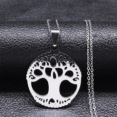 Fashion Tree of Life Silver Color Chain Necklaces for Women Stainless Steel Chain Necklace Jewelry cadenas mujer N42S01