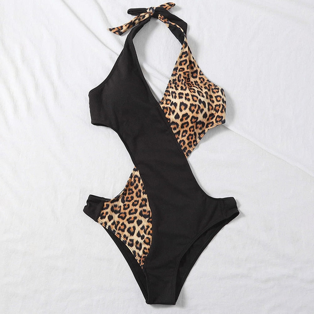 Patchwork Halter Swimwear Cross Hollow One Piece Swimsuit Main image