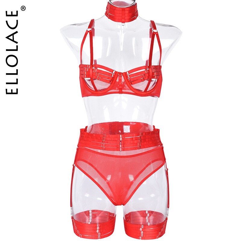 Ellolace Sensual Lingerie Woman Hollow Out Erotic Brief Sets Push Upp Adjustable Buckle Bra Garters 5-Piece Lace Underwear Whuta