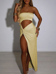 Cryptographic Summer Sexy Strapless Cut Out Slit Maxi Dress Elegant Outfits for Women Sleeveless Glitter Twist Dresses Vestido