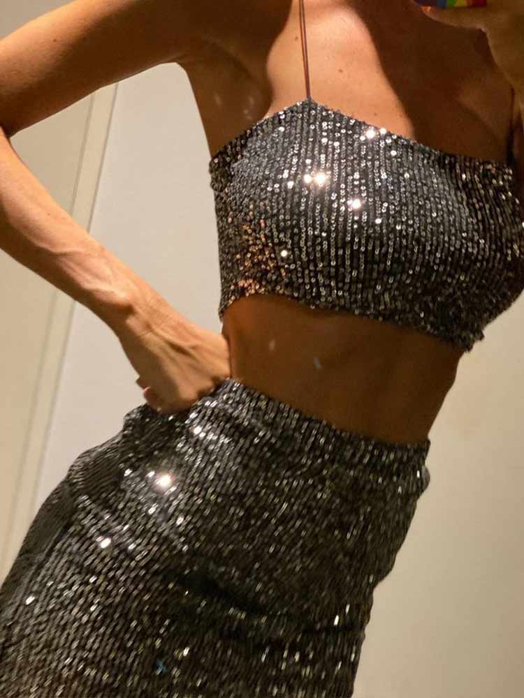 Skirt Two Piece Sets Womens Outifits Crop Top Black Mini Skirts Y2K Glitter Sequin Party Club Sexy Festival Clothing Female Suit