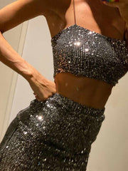 Skirt Two Piece Sets Womens Outifits Crop Top Black Mini Skirts Y2K Glitter Sequin Party Club Sexy Festival Clothing Female Suit
