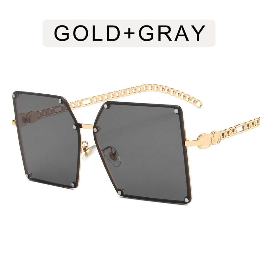 Oversized Gradient Sunglasses Vintage Alloy Chain Frame Rivet Square Sun Glasses