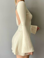 Backless Chic Solid Long Sleeve Autumn Dress