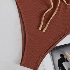 Solid Strapped Swimwear Sexy High Waist Cut One Piece Backless Hollow Belt Bathing Suit