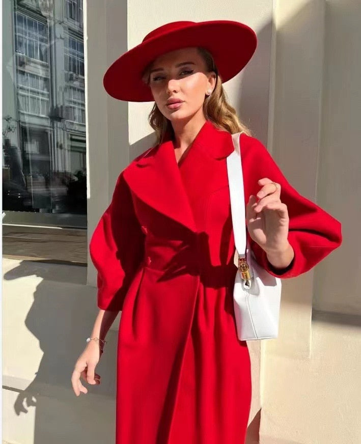 Autumn Women Woolen Coat Thick Lapel Lantern Sleeve Office Lady Long Jackets Double-Breasted New in Outerwears Female Coats