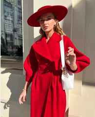 Autumn Women Woolen Coat Thick Lapel Lantern Sleeve Office Lady Long Jackets Double-Breasted New in Outerwears Female Coats