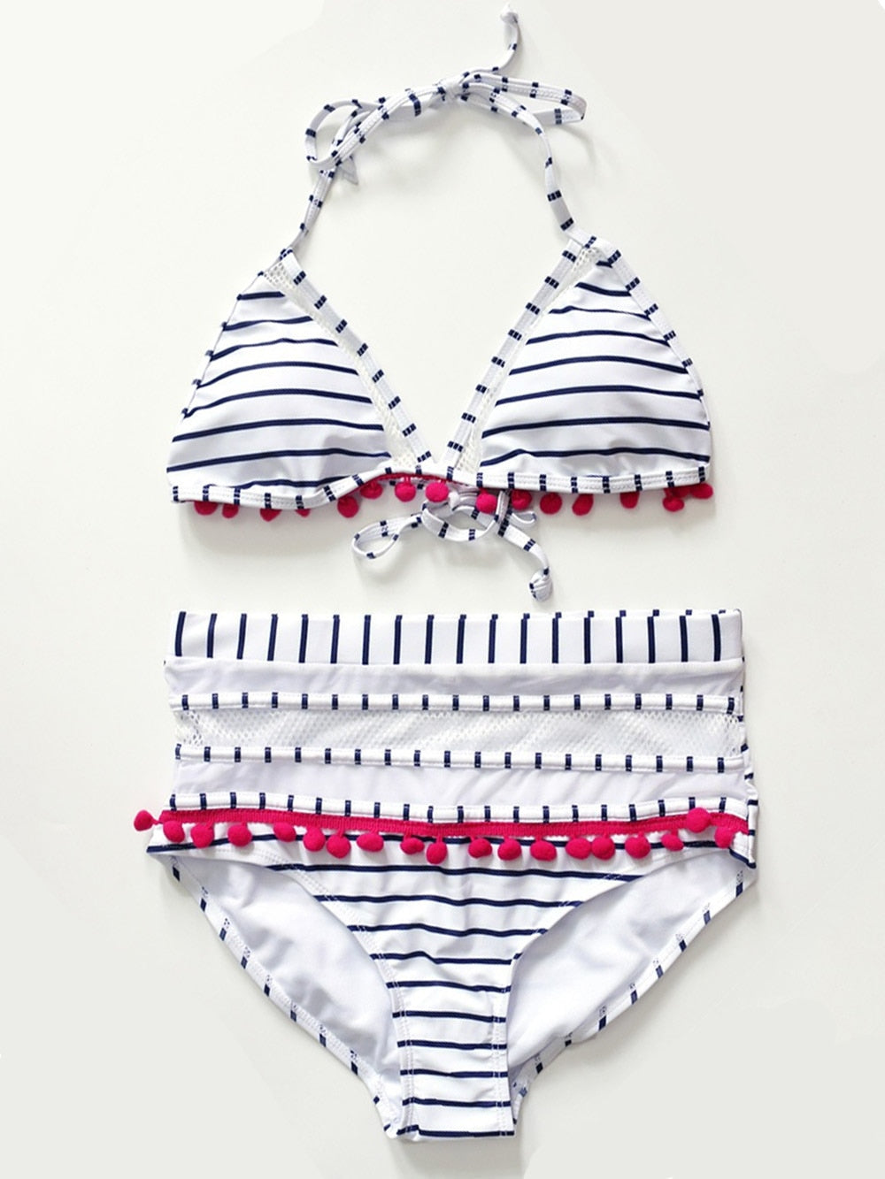 2022 Sexy Halter Retro Mesh Hollow Out String Biquini Bath Suit Swimsuit High Waist Pompones Pom Swimwear Women Triangle Bikini