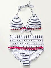 2022 Sexy Halter Retro Mesh Hollow Out String Biquini Bath Suit Swimsuit High Waist Pompones Pom Swimwear Women Triangle Bikini
