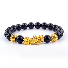 Unisex Stone Beads Bracelet Wristband Gold Color Six Character Proverbs Wealth and Good Luck
