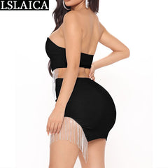 Sexy Two-piece Short Skirt Fringed Diamond Wrapped Chest 2 Piece Sets Casual Sleeveless Sexy Style Night Club Fashion Clothing