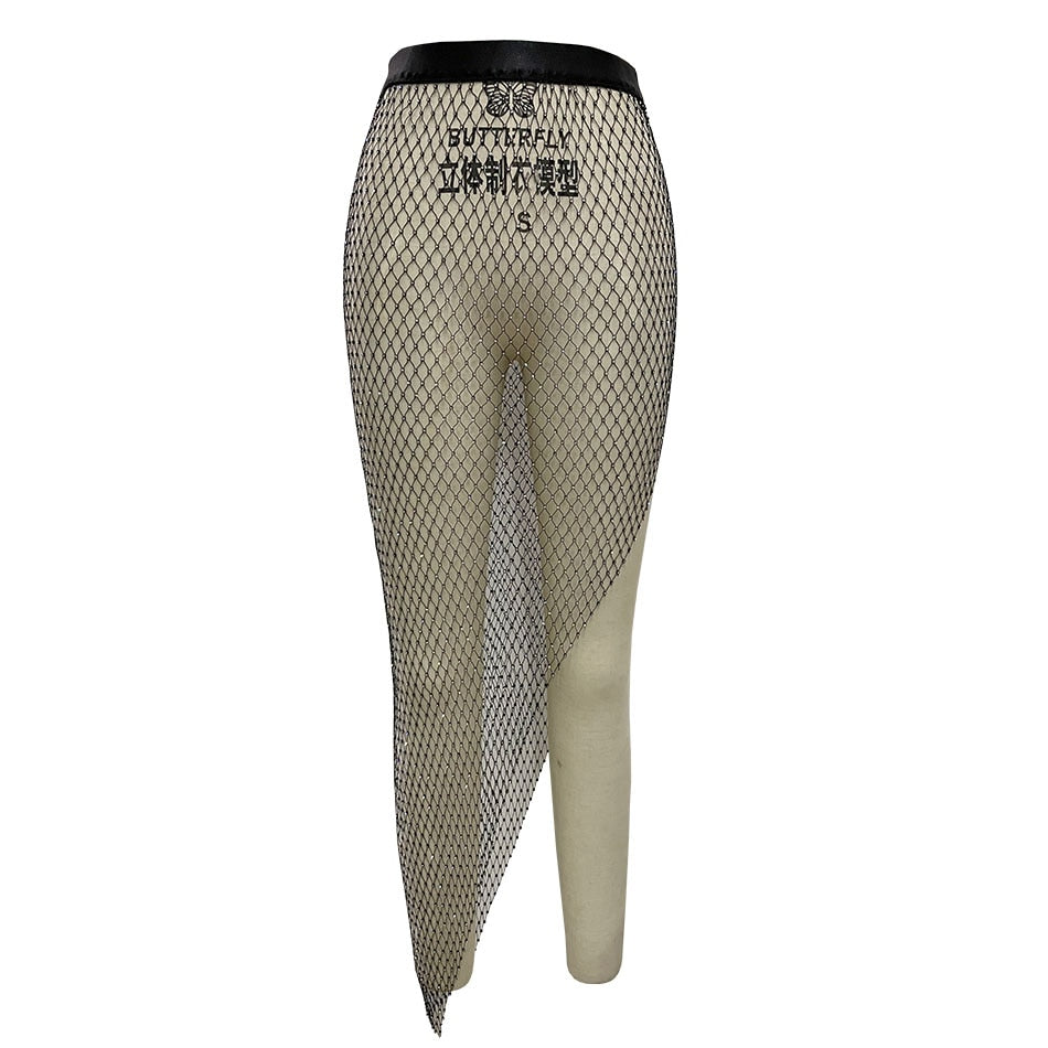 YOUR BUMP CURVE Shiny Crystal Mesh Hollow Split Loose Skirt Sexy Ladies Beach Party Rhinestone Skirt