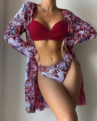 Floral Print Bikini Set - Low Waist Twist Swimsuit Long Sleeve Cover Up Three Pieces Beach Bathing Suit