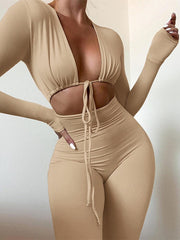 Kliou Solid Jumpsuit Drawstring Cleavage Waist Out One Piece Overall Sexy  Body-Shaping Hipster Midnight Club Female Clothing