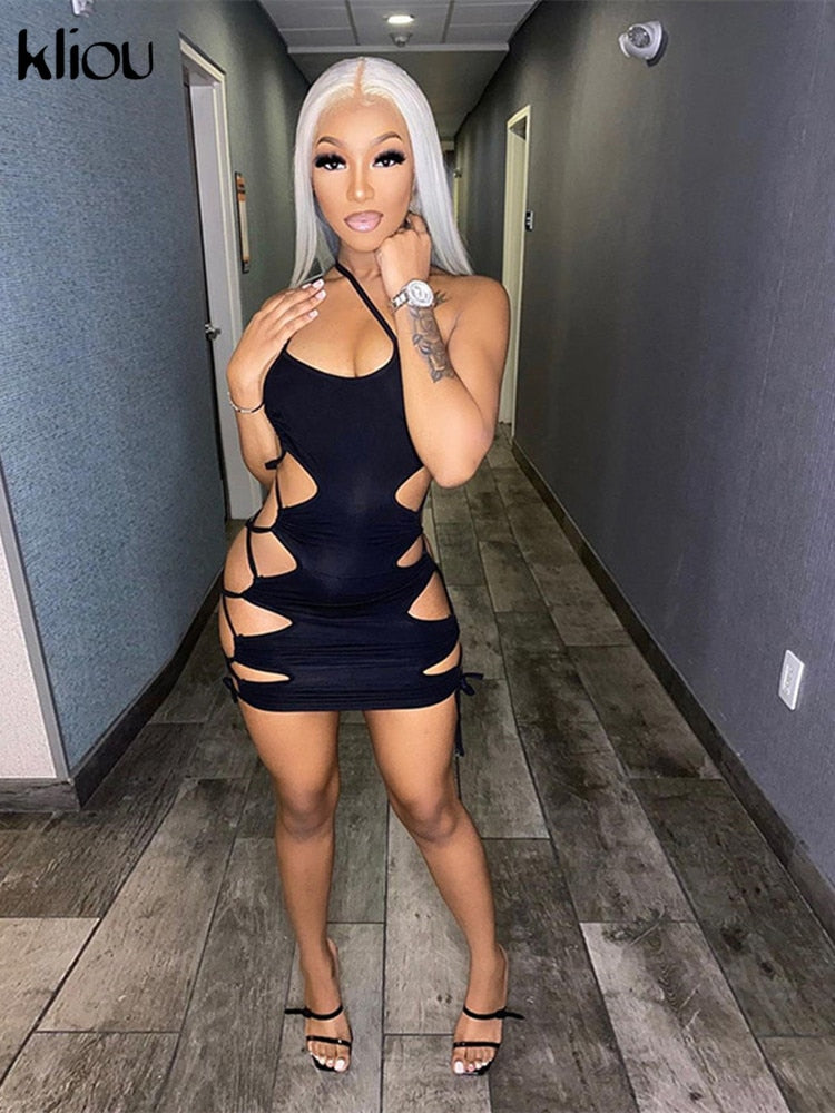 Kliou Cut Out Mini Dress Women Sexy One Shoulder Side Bandage Skirt Hot Cleavage Drawstring Bodycon Party Clubwear 2021 Summer