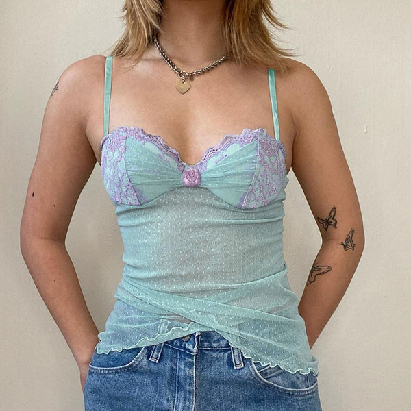 Rapcopter Y2K Lace Crop Top Floral Dot Printed Mini Vest Women See Through Cross Camis Chic Retro Cute Summer Sweats Fairycore