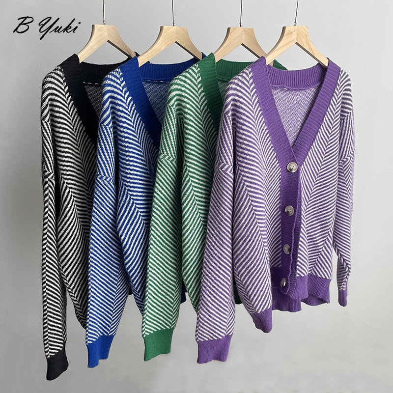 Violette Oversized Striped V-Neck Knit Cardigan One-piece