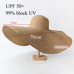 70cm Oversized  Wide Brim Sun Hat Travel  Large UV Protection Beach Straw Hats Women&#39;s Summer Floppy Foldable Chapeaux Wholesale