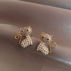 New Trendy Moon Dangle Earrings For Women Temperament Pearl Cherry Cat Rhinestone Pendant Earring Girl Party Jewelry Gift