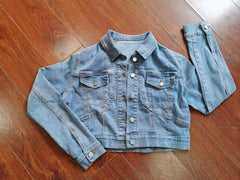Jeans 2 Piece Set Stretchy Denim Suits Single Breasted Turn Down Collar Long Sleeve Short Jacket And Shorts
