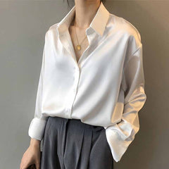 Silk Office Ladies Elegant Shirt Blouse Button Up Satin Shirt Vintage Long Sleeve Shirt