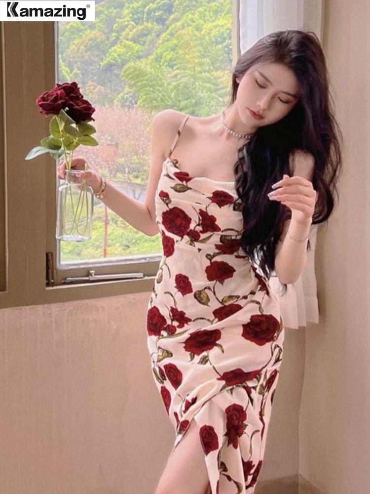 Summer Elegant Vintage Midi Spaghetti Strap Rose Dress For Women Maxi Fashion One Piece Bodycon Beach Party Robe Vestidos