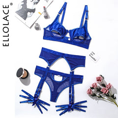 Ellolace Hollow Out Erotic Lingerie Apparel Underwear Set Solid Sexy Costume Bra 3 Piece Porn Sissy Intimate Sensual Sex Suit