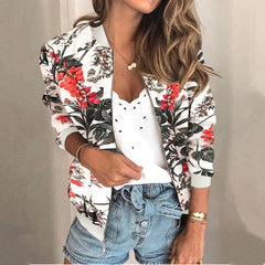 Women Floral Printed Jackets Spring Autumn Long Sleeve Zipper Bomber Outwear Casual Pocket Slim Streetwear Female Plus Size Coat